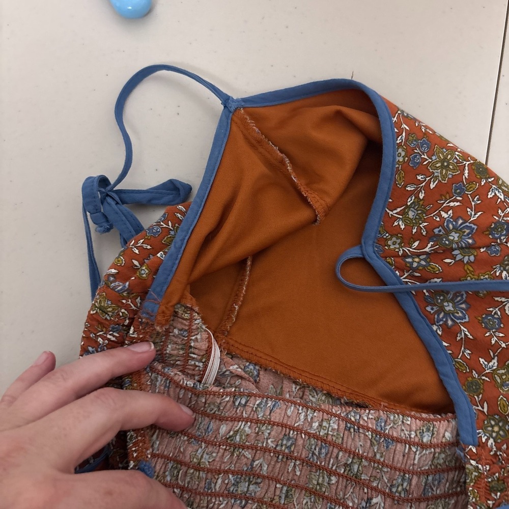 Live to be Spoiled Jumpsuit S Blue Brown Floral Wide Leg Smocked Boho Rayon XS - Picture 8 of 13